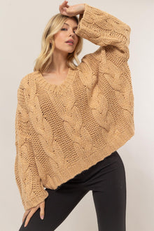  Taupe Cable Knit V-Neck Sweater