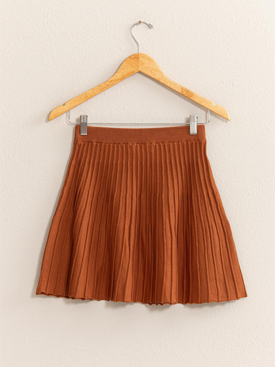 High Waist Knit Pleated Flare Mini Skirt in Chocolate