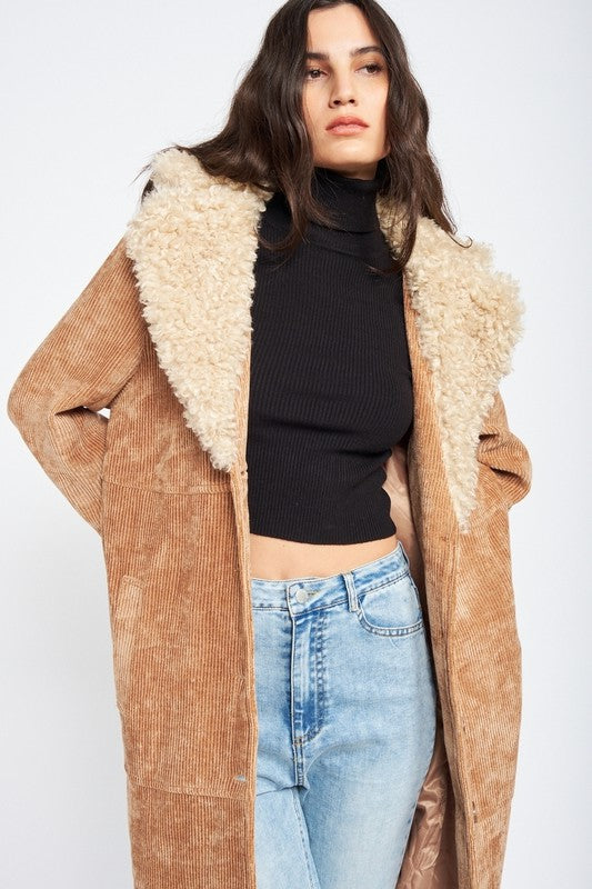 Faux Shearling Trim Corduroy Coat