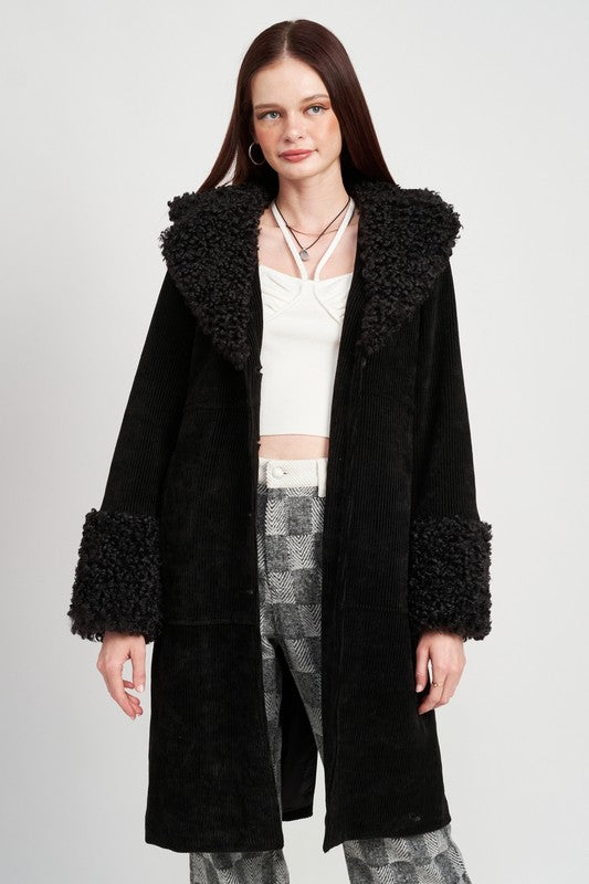 Faux Shearling Trim Corduroy Coat