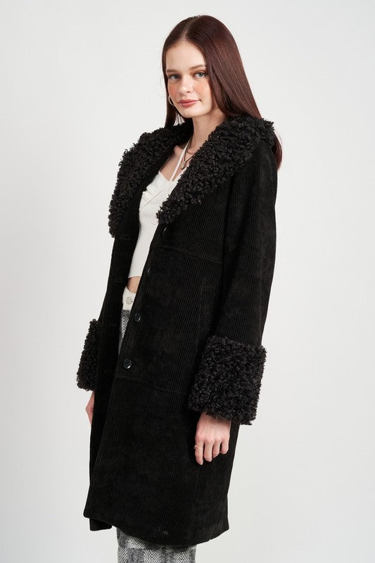 Faux Shearling Trim Corduroy Coat