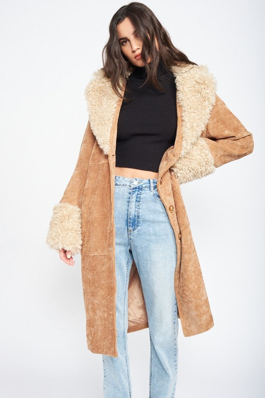 Faux Shearling Trim Corduroy Coat