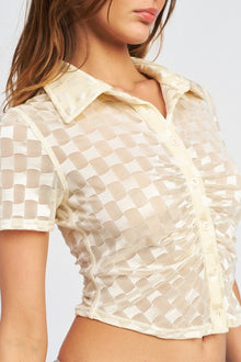  Checkered Shirred Button Up Shirt