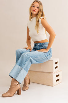  High-Waisted Wide Leg Cuffed Jeans