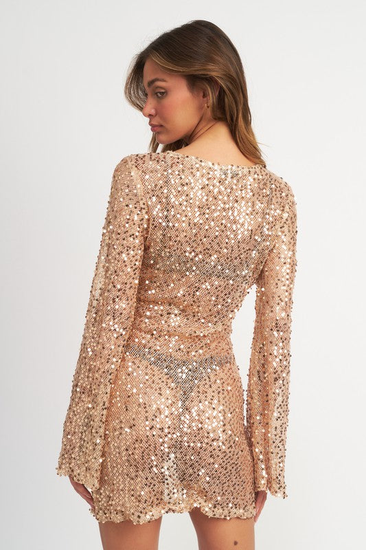 Sequin Bell Sleeve Sheer Mini Dress in Rose Gold