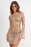 Sequin Bell Sleeve Sheer Mini Dress in Rose Gold