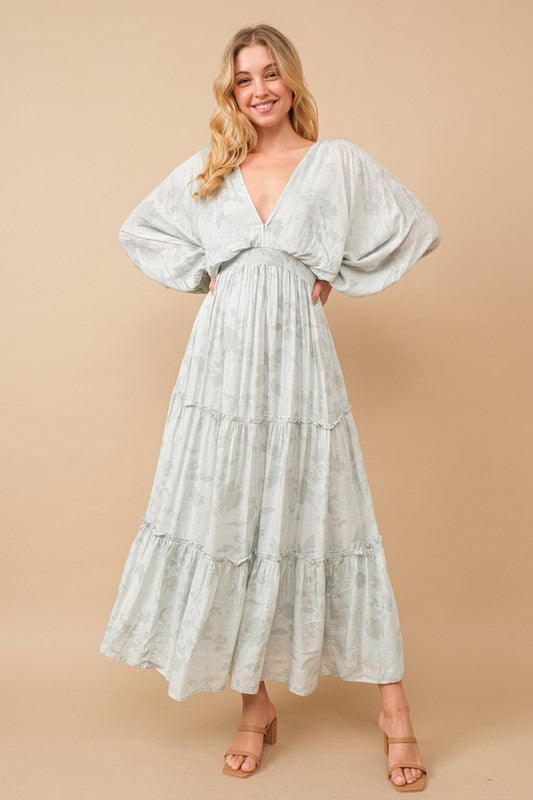 Sage Jacquard Floral Dolman Maxi Dress
