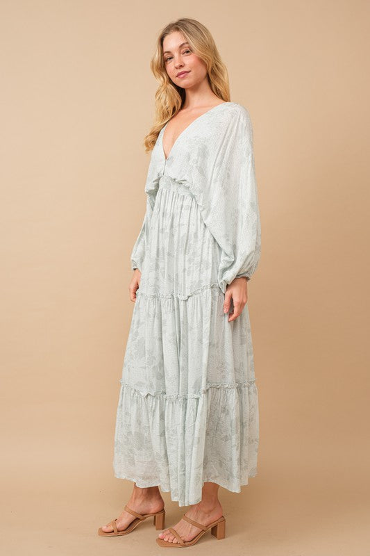 Sage Jacquard Floral Dolman Maxi Dress