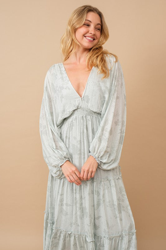 Sage Jacquard Floral Dolman Maxi Dress