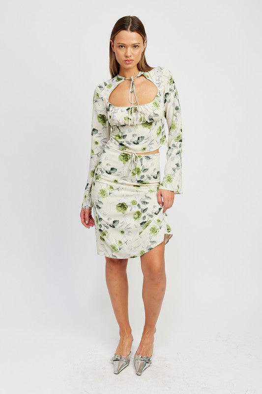 Drawstring Floral Midi Skirt