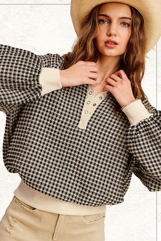 Oversized Two-Tone Textured L/S Top