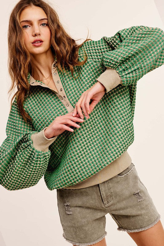 Oversized Two-Tone Textured L/S Top