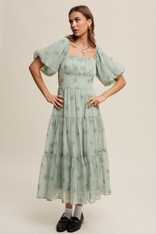  Flower Embroidered Puff Sleeve Tiered Maxi Dress