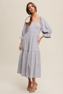  Ditzy Floral Embroidery Puff Sleeve Maxi Dress