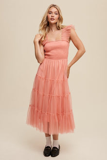  Smocked Ruffle Tiered Mesh Midi Maxi Dress