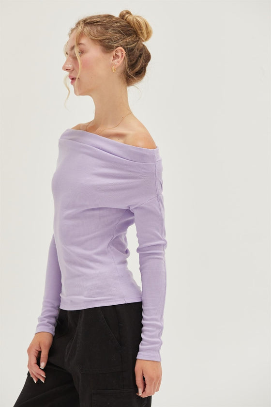 Off The Shoulder Ribbed Knit Top in Taro