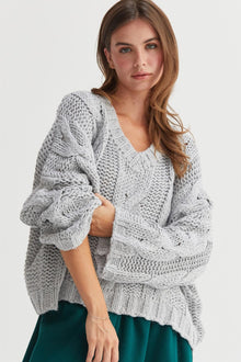  Gray Cable Knit V-Neck Sweater