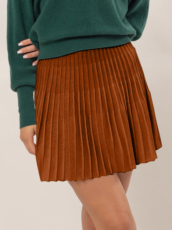 High Waist Knit Pleated Flare Mini Skirt in Chocolate