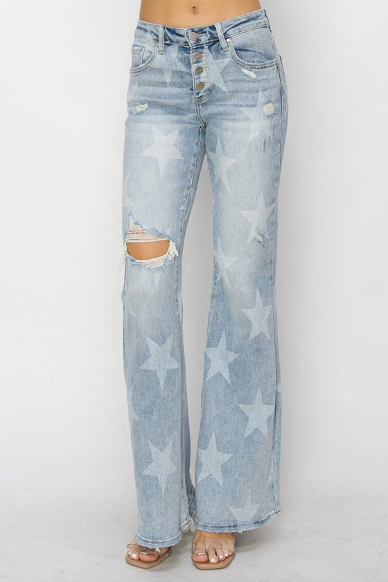 Mid Rise Button Fly Start Print Flare Jeans