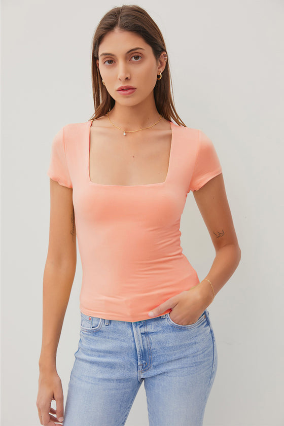 Dusty Peach Square Neck Short Sleeve Top