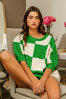  Jade Checkered Contrast Round Neck Sweater