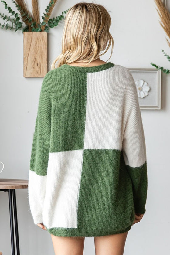 Color Block Round Neck L/S Ribbed Sweater