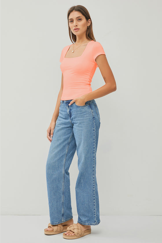 Dusty Peach Square Neck Short Sleeve Top