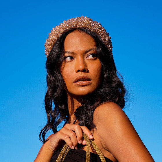 Crown Glass Crystal Beads Headband In Champagne Beige