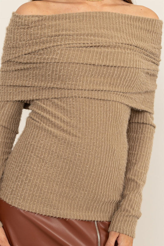Fuzzy Off The Shoulder Textured Knit Top in Taupe