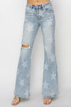 Mid Rise Button Fly Start Print Flare Jeans