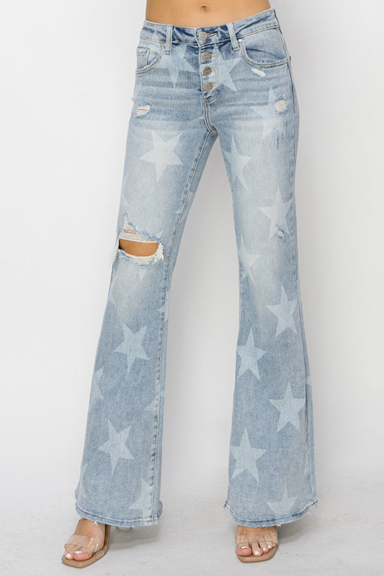 Mid Rise Button Fly Start Print Flare Jeans