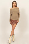 Fuzzy Off The Shoulder Textured Knit Top in Taupe