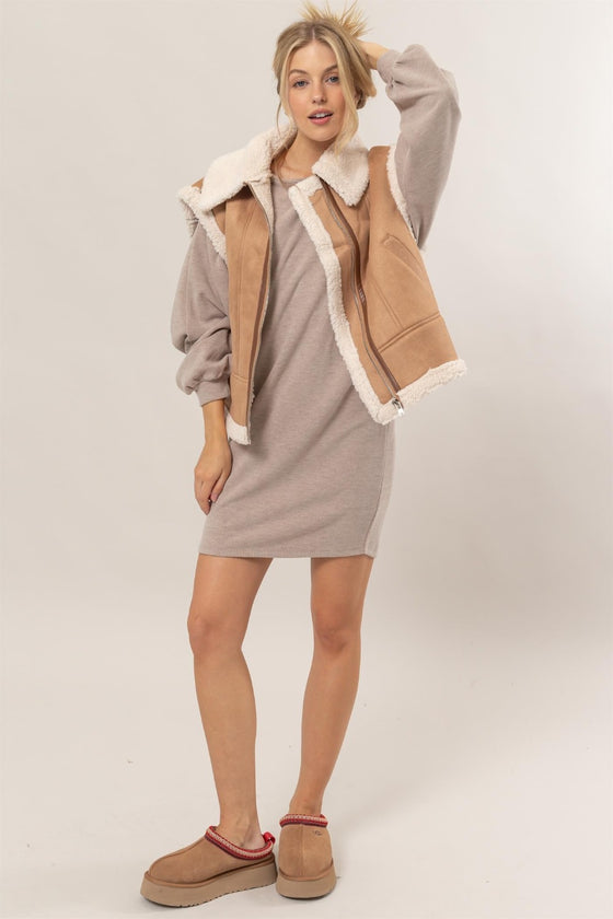 Faux Fur-Contrast Zip Up Suede Vest