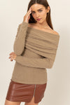 Fuzzy Off The Shoulder Textured Knit Top in Taupe