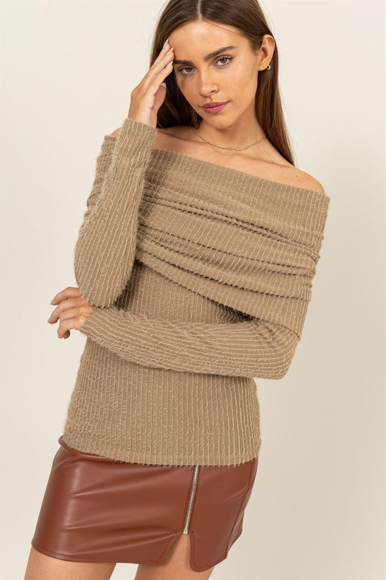 Fuzzy Off The Shoulder Textured Knit Top in Taupe