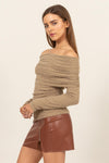 Fuzzy Off The Shoulder Textured Knit Top in Taupe