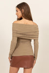 Fuzzy Off The Shoulder Textured Knit Top in Taupe