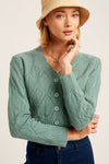 V neck Scallop Edge Button Down Ctop Knit Cardigan