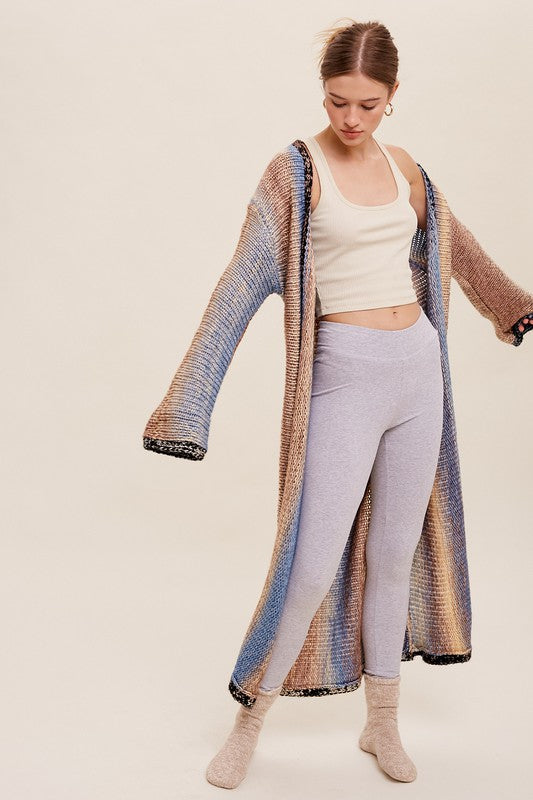 Multi Color Gradation Long Knit Open Cardigan