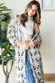  Geometric Open Front Three-Quarter Sleeve Cardigan