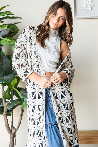 Geometric Open Front Three-Quarter Sleeve Cardigan