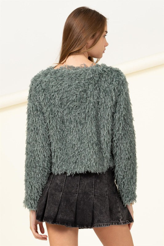 Cropped Faux Fur Jacket in Sea Green