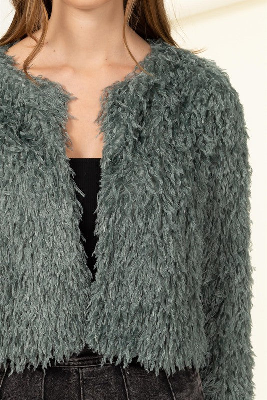 Cropped Faux Fur Jacket in Sea Green