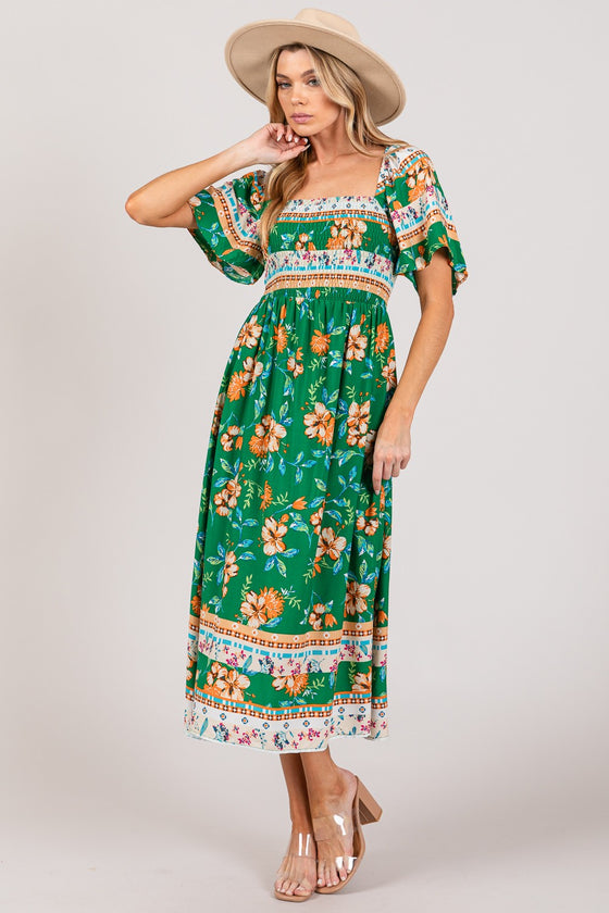 Lucky Smocked Short Sleeve Midi Dress