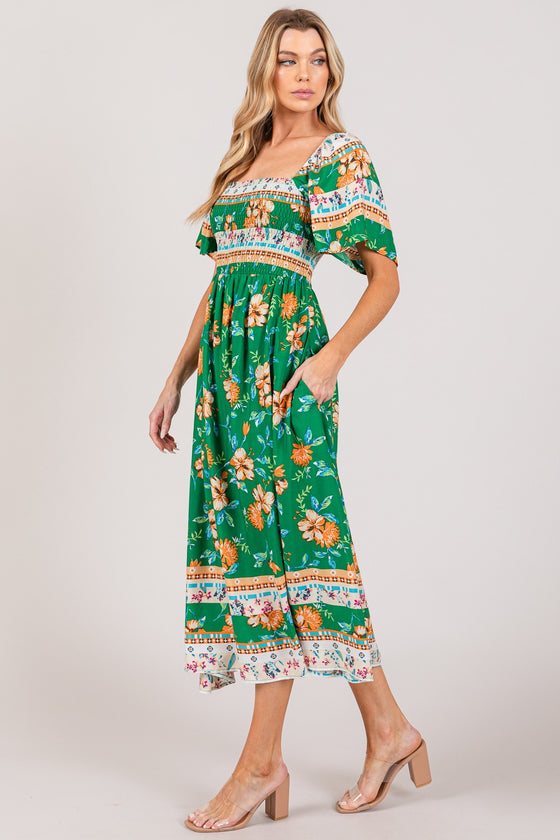 Lucky Smocked Short Sleeve Midi Dress